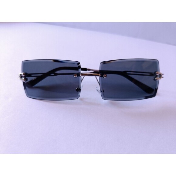 Rimless Rectangular Sunglasses Dark Blue Unisex Metal Frame - Picture 2 of 7